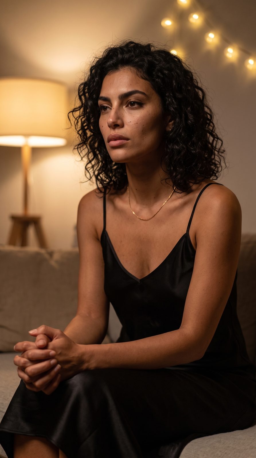 Zara assise, mains jointes, dans une lumière intime