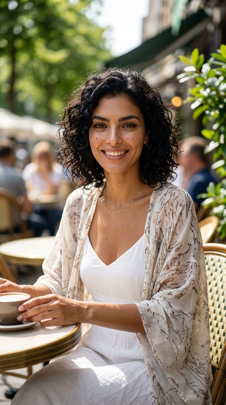 Zara sourit à la terrasse d’un café ensoleillé